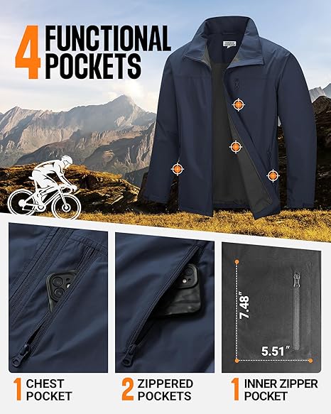 Outdoor Ventures Herren leichte wasserdichte Softshelljacke mit samtgefüttertem Stehkragen, Windbreaker zum Wandern, Laufen, Radfahren und Golfen