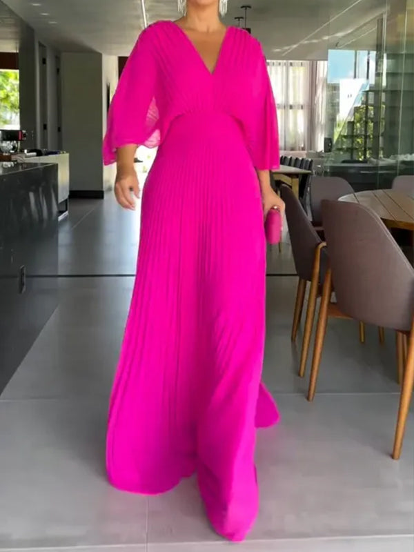 NEW🔥 V Neck Chiffon Back Tie Zipper Bat Sleeve Dress- Tax Free