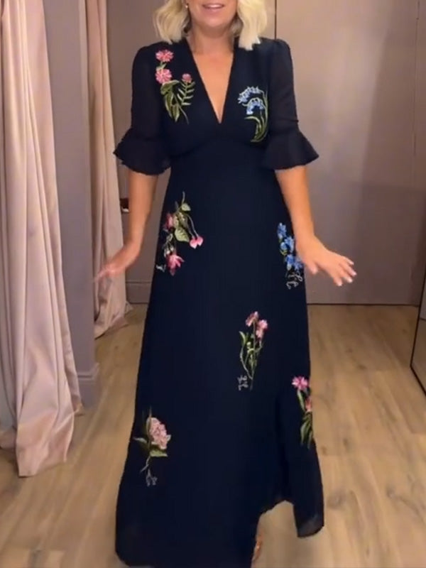 NEW🔥 V Neck Floral Embroidered Ruffle Dress- Tax Free