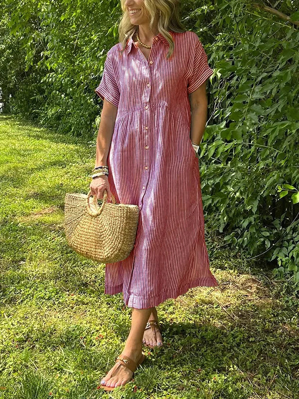 NEW🔥 Striped Lapel Button Down Shirt Dress