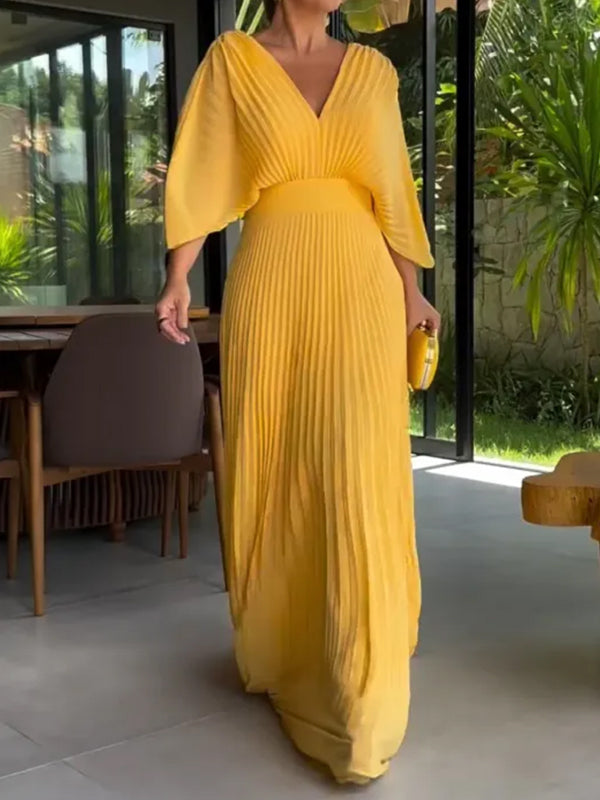NEW🔥 V Neck Chiffon Back Tie Zipper Bat Sleeve Dress- Tax Free
