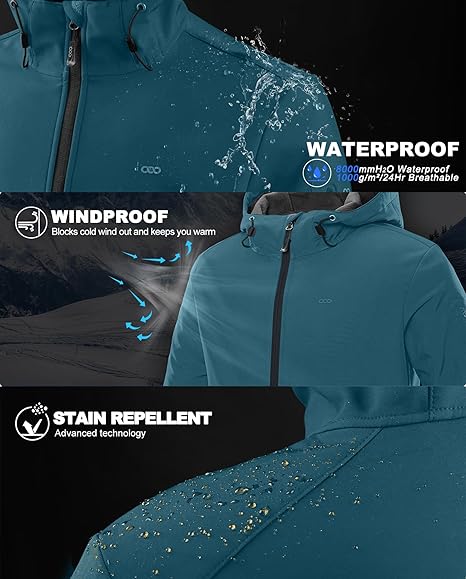 Giacca Softshell impermeabile e calda da uomo 33,000ft, giacca leggera con fodera in pile, impermeabile con cappuccio e antivento per passeggiate ed escursionismo
