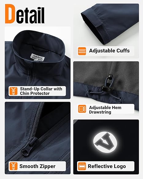 Outdoor Ventures Herren leichte wasserdichte Softshelljacke mit samtgefüttertem Stehkragen, Windbreaker zum Wandern, Laufen, Radfahren und Golfen
