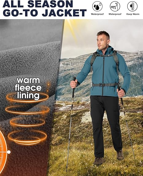 Giacca Softshell impermeabile e calda da uomo 33,000ft, giacca leggera con fodera in pile, impermeabile con cappuccio e antivento per passeggiate ed escursionismo