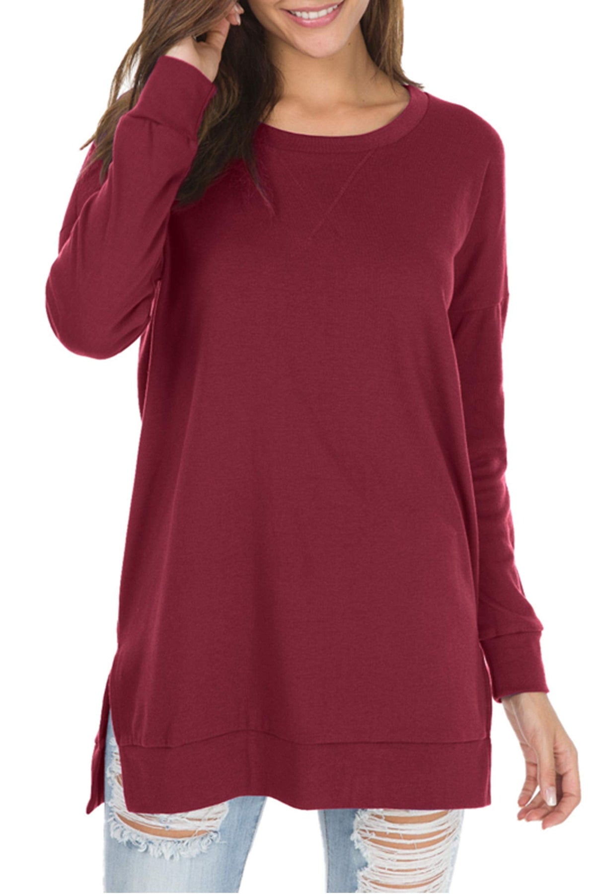 Magliette lunghe da donna a maniche lunghe con spacco laterale