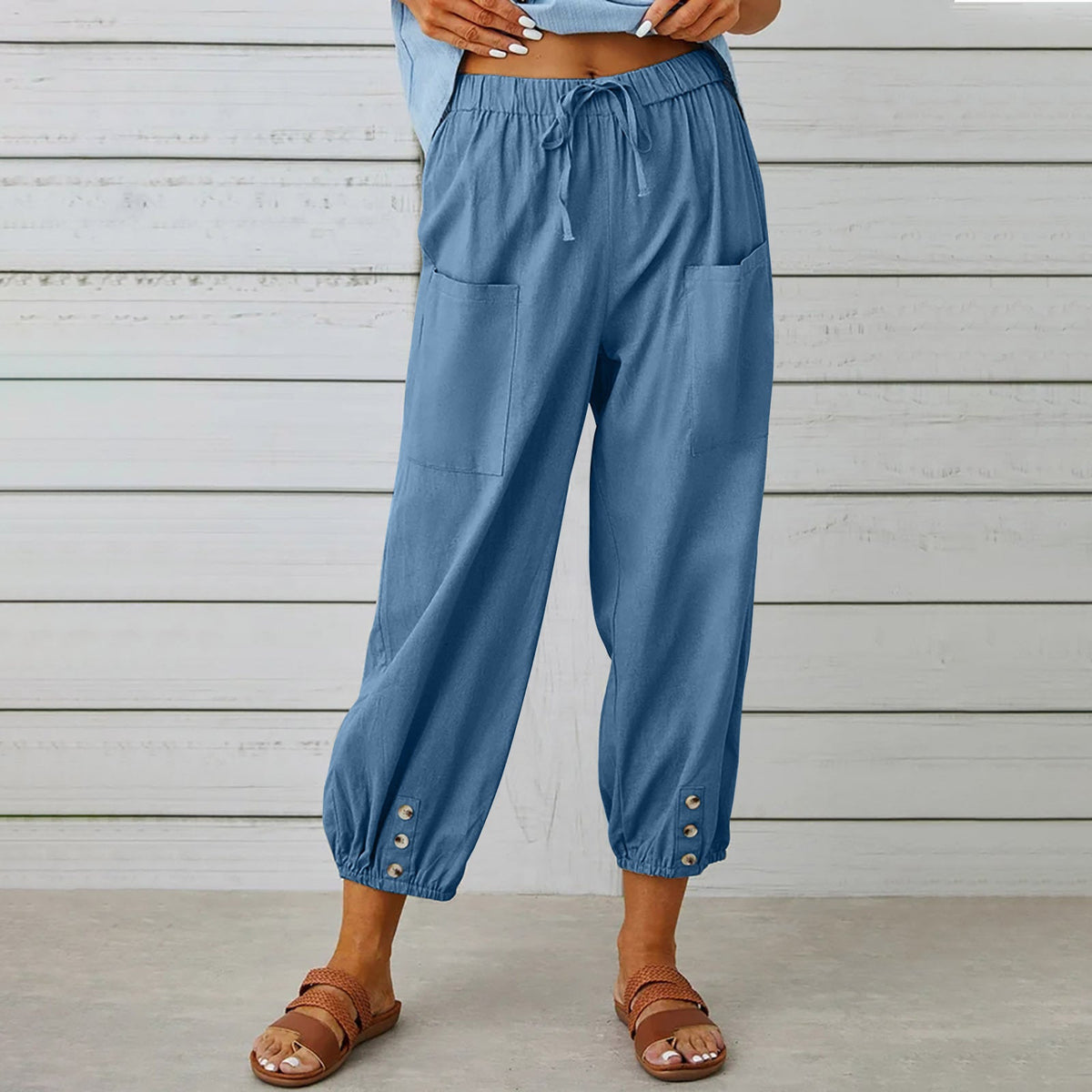 Damenhosen High-Waist-Hose mit Knopfleiste aus Baumwolle und Hanf Dreiviertelhose weites Bein