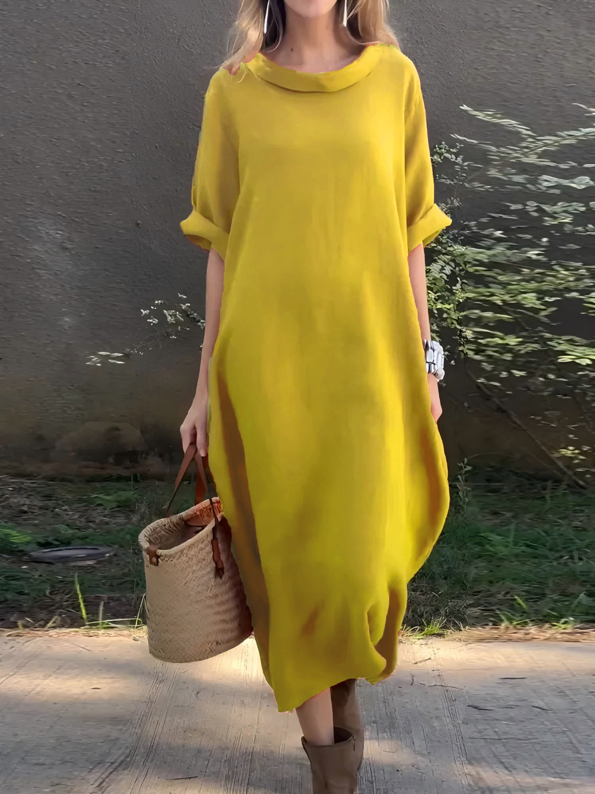 Women's Casual Solid Color Cotton and Linen Dress